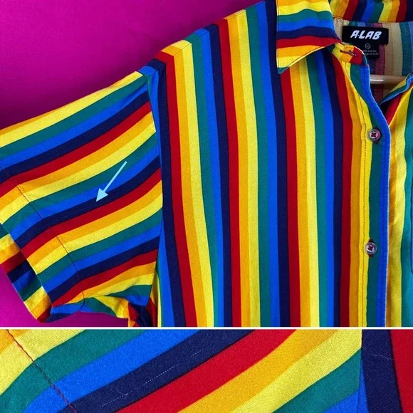 A.LAB Rainbow Striped Button Up Short Sleeve Shirt XS Gay Pride Colorful Kidcore - Picture 7 of 17